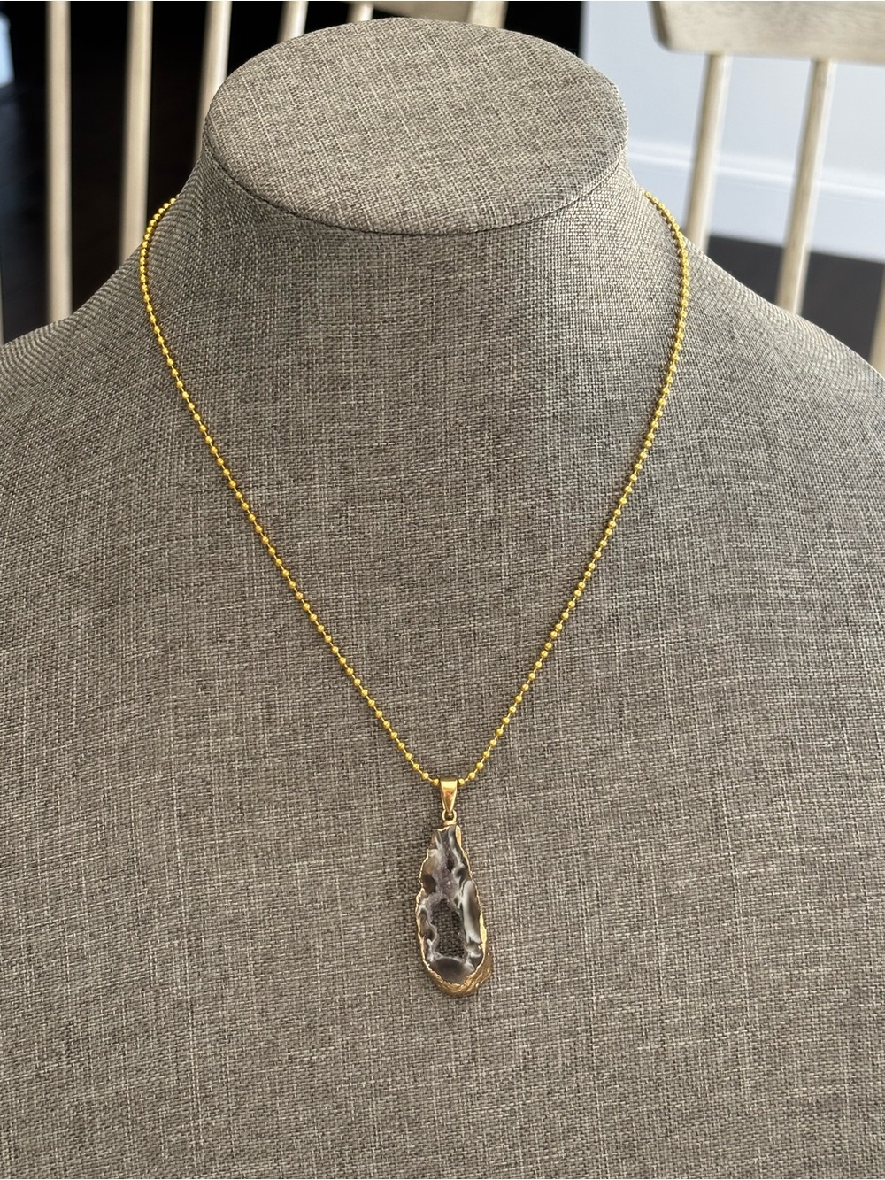 Gold Bead Necklace with Gray Agate Teardrop Pendant